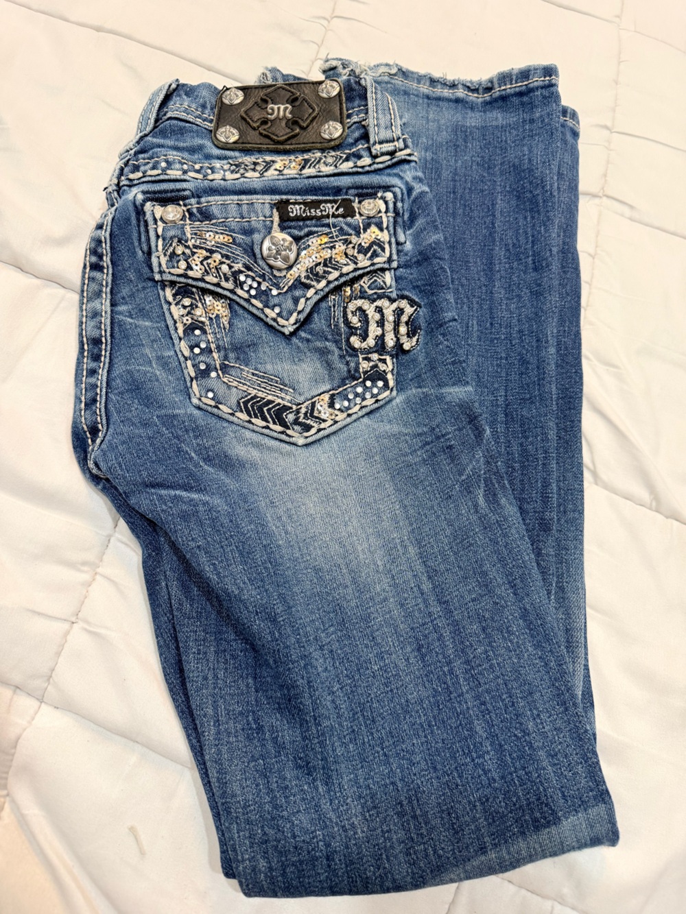 Miss Me Distressed Boot Cut Jeans with Embellished Pockets- kids/girl  size 8